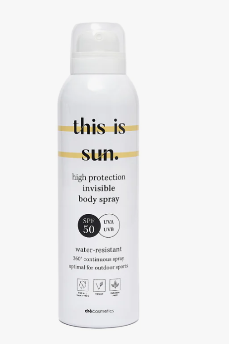 This is Sun SPF50 Invisible Zonnespray – transparante, niet-plakkerige zonnebescherming met hoge UV-bescherming voor lichaam.